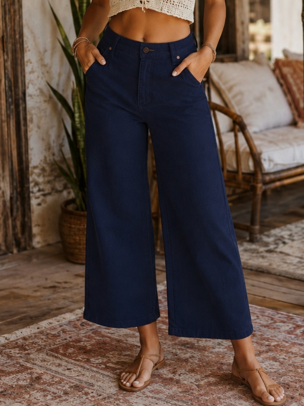 NWT Judy Blue High Waist Tummy Control Navy Wide Leg Crop Jeans Size 13/31